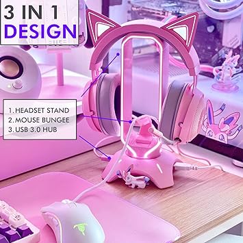 Tilted Nation RGB Gaming Headset Stand - Pink Headphone Stand with Mouse Bungee and 2 Port USB Hub Charger - The Ultimate Accessory and Gamer Gift - Headset Holder for Desk